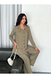 Yakalı Düğmeli Uzun Kollu Gömlek Pantolon Ikili Takım - Bej