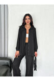 Yakalı Düğmeli Uzun Kollu Gömlek Pantolon Ikili Takım - Siyah