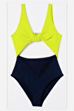 DB20097M SİYAH-NEON SARI ÖNÜ AÇIK FİYONKLU KAPLI MAYO