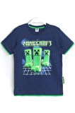 Biye Detaylı Erkek Çocuk Minecraft Creeper Baskılı T-shirt Lacivert