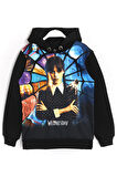 3d Baskılı Kız Çocuk Wednesday Addams Uzun Kollu 3 İp Şardonlu Kapüşonlu Sweatshirt