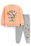Mickey Friends Baskılı Uzun Kollu Yumuşak Pamuk Kumaşlı Bisiklet Yaka Manşetli Paça Kız Çocuk Eşofman Takımı 3-9 Yaş Somon Gri