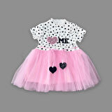 1-2-3 Yaş Payetli Kalp Me Baskılı Kız Bebek Elbisesi Pembe