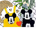 3-6-9-12 Ay Mickey Figürlü Uzun Kollu Baskılı Sweatli 2li Kız Erkek Bebek Salopet Takımı Sarı