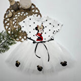 2-3-4 Yaş Puantiyeli Mickey Baskılı Kurdela Kuşaklı Astarlı Kız Bebek Tütü Elbisesi