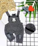 3-6-9-12 Ay Papyonlu Kırçıl Nakış Detaylı Kasket Şapkalı Uzun Kollu 3lü Erkek Bebek Salopet Takımı Gri