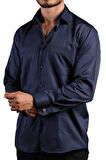 Lacivert Büyük Beden Rahat Kesim Micro Kumaş Kol Düğmeli Regular Fit Erkek Gömlek - 190-12