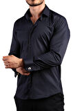 Lacivert Ekstra Dar Kesim Likralı Esnek Micro Kumaş Kol Düğmeli Slim Fit Erkek Gömlek - 195-12