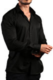Siyah 8 Drop Ekstra Uzun Kol Dar Kesim Micro Kumaş Kol Düğmeli Slim Fit Erkek Gömlek - 197-6