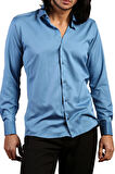 Turkuaz Mavi Dar Kesim Micro Kumaş Kol Düğmeli Slim Fit Erkek Gömlek - 201-18