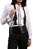 Beyaz Siyah Çift Bieli Damatlık Ata Yaka Kol Düğmeli Slim Fit Smokin Gömlek - 003