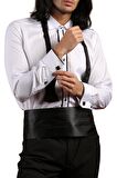 Beyaz Siyah Çift Bieli Damatlık Ata Yaka Kol Düğmeli Slim Fit Smokin Gömlek - 003