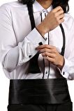 Beyaz Siyah Çift Bieli Damatlık Ata Yaka Kol Düğmeli Slim Fit Smokin Gömlek - 003