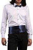 Beyaz Lacivert Taş Düğmeli Damatlık Ata Yaka Kol Düğmeli Slim Fit Smokin Gömlek - 008