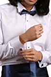 Beyaz Lacivert Taş Düğmeli Damatlık Ata Yaka Kol Düğmeli Slim Fit Smokin Gömlek - 008