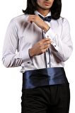 Beyaz Lacivert Çift Bieli Damatlık Ata Yaka Kol Düğmeli Slim Fit Smokin Gömlek - 011