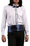 Beyaz Lacivert Çift Bieli Damatlık Ata Yaka Kol Düğmeli Slim Fit Smokin Gömlek - 011