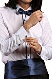 Beyaz Lacivert Çift Bieli Damatlık Ata Yaka Kol Düğmeli Slim Fit Smokin Gömlek - 011