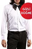 Beyaz Gizli Pat Damatlık Ata Yaka Kol Düğmeli Slim Fit Smokin Gömlek - 001