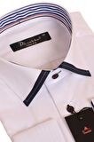 Beyaz Lacivert Bieli Yaka Dar Kesim Micro Kumaş Kol Düğmeli Slim Fit Erkek Gömlek - 200-1