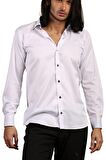 Beyaz Lacivert Bieli Yaka Dar Kesim Micro Kumaş Kol Düğmeli Slim Fit Erkek Gömlek - 200-1