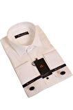 Krem Yakma Desenli Siyah Taş Düğmeli Damatlık Ata Yaka Kol Düğmeli Slim Fit Smokin Gömlek - 023