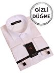 Beyaz Gizli Düğmeli Damatlık Ata Yaka Kol Düğmeli Slim Fit Smokin Gömlek - 001