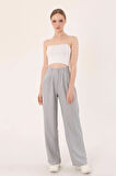 Kadın Gri Yüksek Bel Keten Palazzo Pantolon