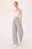 Kadın Gri Yüksek Bel Keten Palazzo Pantolon