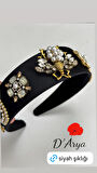 DD508 Siyah Deri İncili Arı Kare Taş Kadın Taç Davet Abiye Düğün