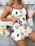 Kadın Beyaz Desenli İnce Askılı Şortlu Pijama Takımı Şık Ev Giyim