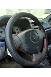 DİKİŞLİ DİREKSİYON KILIFI SİYAH DERİ NOKTALI DERİ KIRMIZI DİKİŞLİ RENAULT CLİO İÇİN