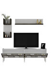 PİNEDH TV ÜNİTESİ TAKIMI BEYAZ-(CEVİZ DESEN)