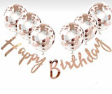 ROSE GOLD KONFETİLİ ŞEFFAF BALON ROSE GOLD HAPPY BIRTHDAY KALİGRAFİ BANNER YAZI