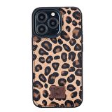 Apple iPhone 13 Pro Uyumlu Deri Cüzdanlı Kılıf Leopar Desen