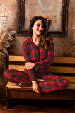 Nisanca Kışlık Düğmeli Ekose Desen Yılbaşı Temalı  Kadın Süet Pijama Takımı