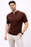 Erkek Kısa Kol Fitilli Triko T-Shirt Yazlık Hakim Yaka Tişört - Kahverengi