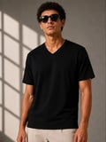 Erkek V Yaka Basic Tişört Kısa Kol Yazlık Regular Fit T-Shirt - Siyah