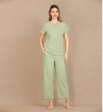 Arias Closet Pamuklu Şık Tasarım Dantel İşlemeli Yeşil Kısa Kol Pijama Takımı