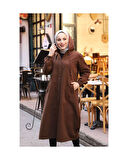 Denim Kapşonlu Kap- Denim Pardesü Kahverengi-1343