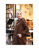 Denim Kapşonlu Kap- Denim Pardesü Kahverengi-1343