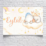 Bulutlar Üstünde Uyuyan Fil Temalı Doğum Günü Afişi 100X150 cm