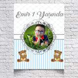 Mavi Çizgili Sevimli Ayıcıklı Doğum Günü Afişi 100X150 cm