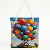 Balonlarla Uçan Ev Baskılı Plaj Çantası