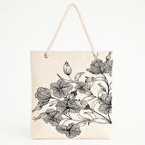 Siyah Çiçek Desenli Zarif Doğa Temalı Plaj Çantası