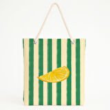 Yeşil Çizgili Limon Desenli Plaj Çantası