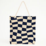 Lacivert-Bej Kareli Plaj Çantası