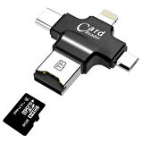 Card Reader 4in1 Type-C- İphone Lightning-Micro Usb Hafıza Kart Okuyucu (Siyah)