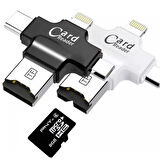 Card Reader 4in1 Type-C- İphone Lightning-Micro Usb Hafıza Kart Okuyucu (Siyah)