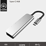 Usb Type-C to 5in1 Hdtv 2xUSB+2x PD Hub Adaptör Çoklayıcı (Gri)